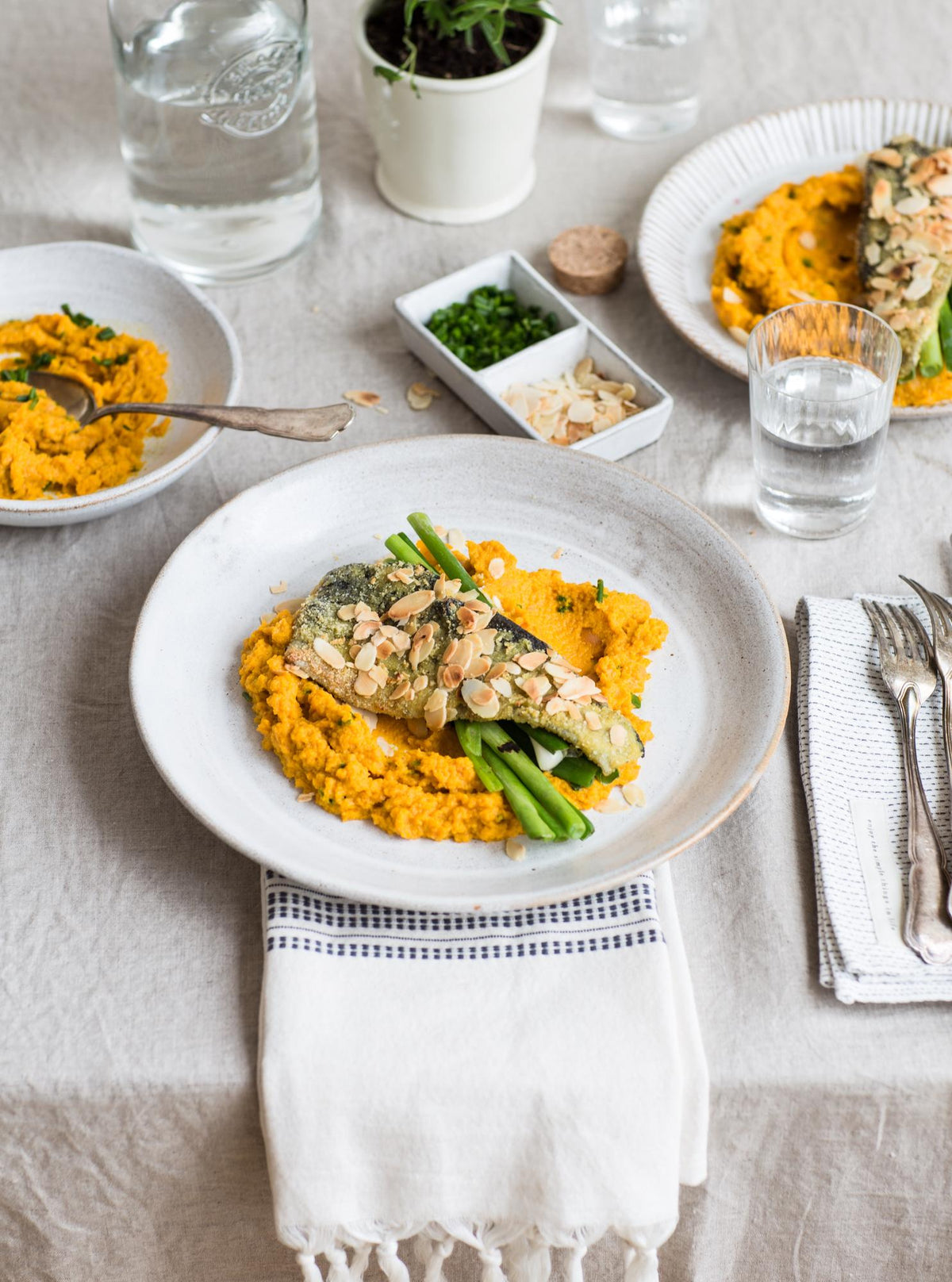 Forel met amandelkorst en wortelpuree