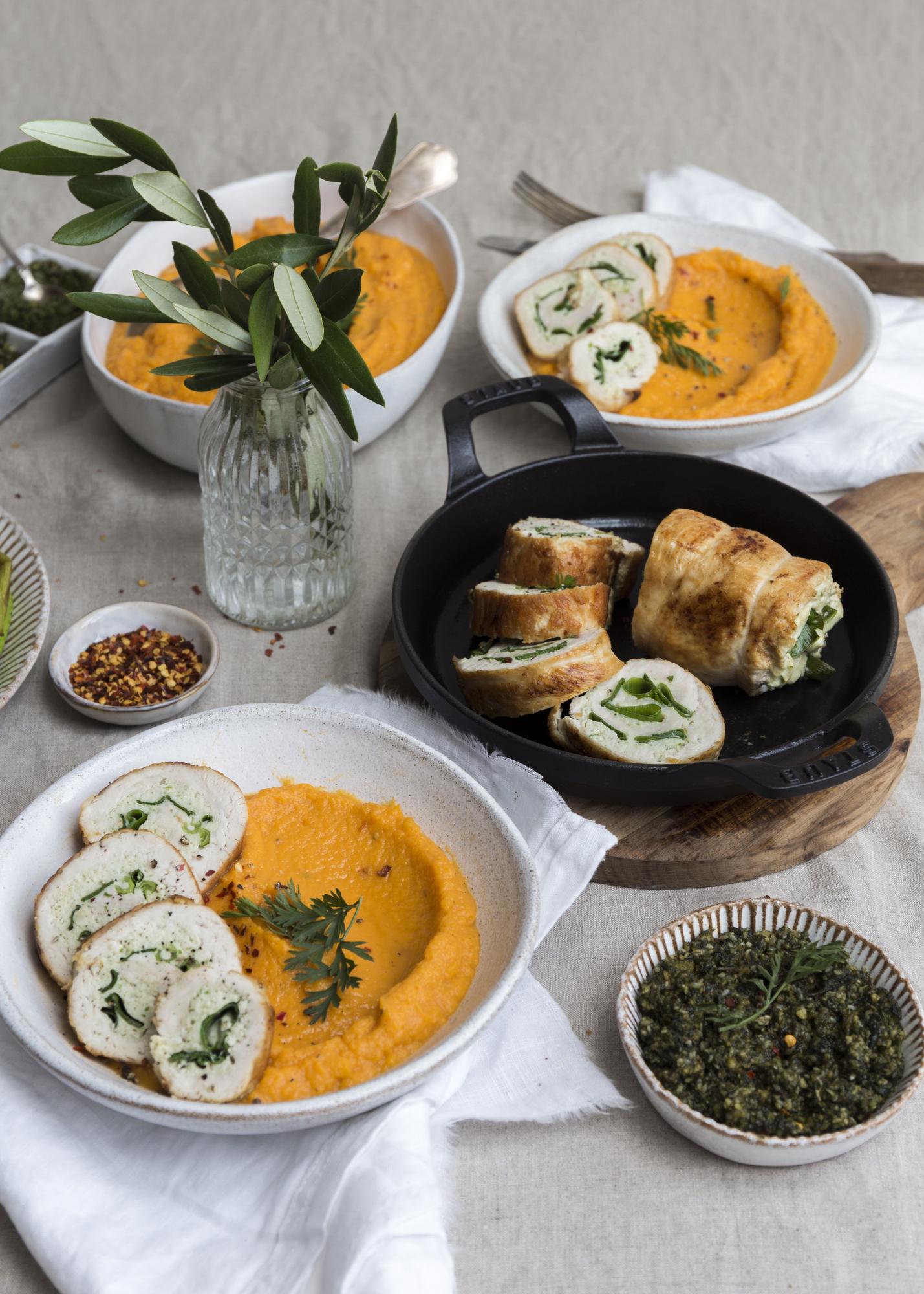 Gevulde kalkoenborst met zoete aardappelpuree met chili