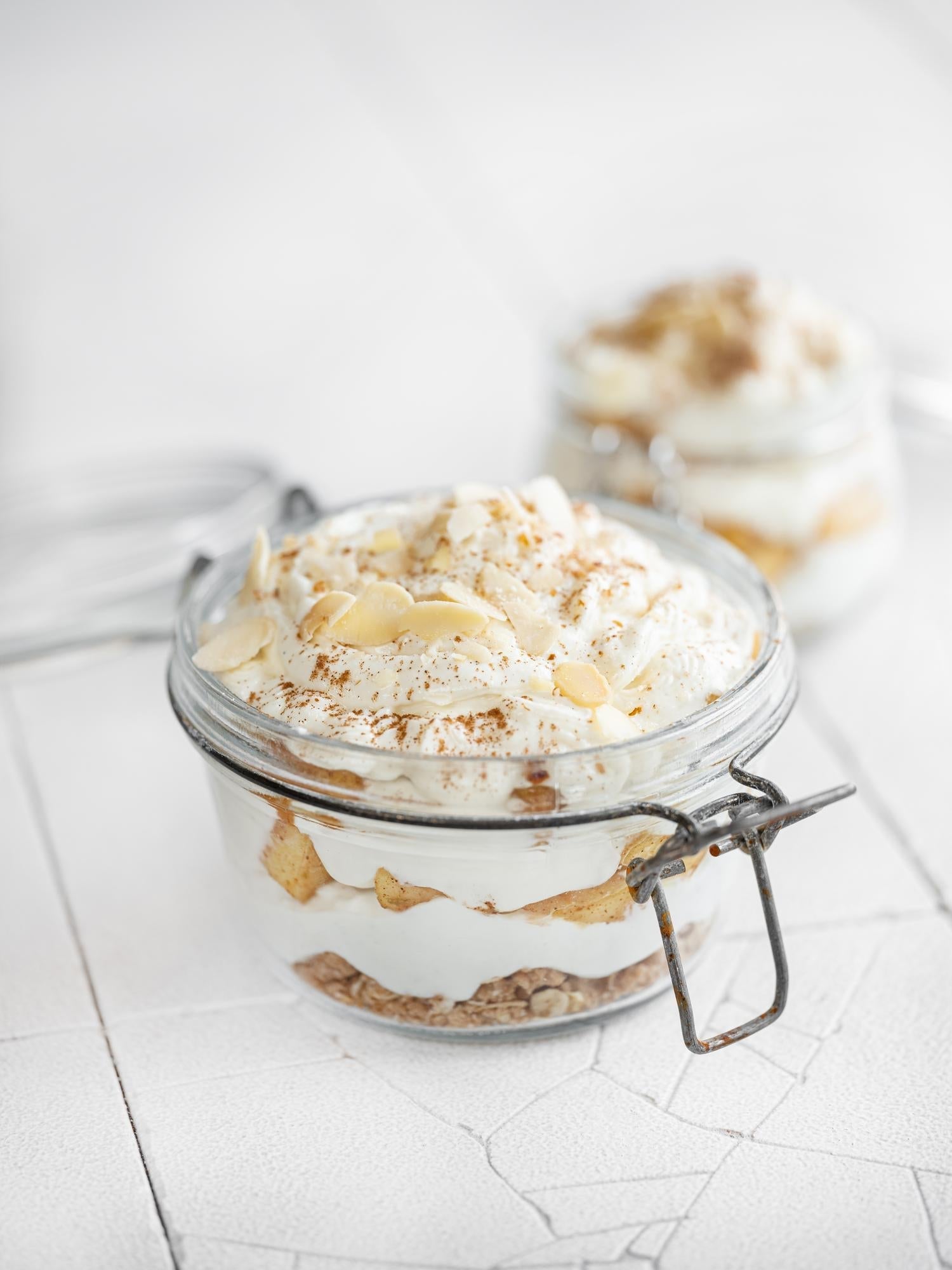 Appelkruimeltaart in een potje