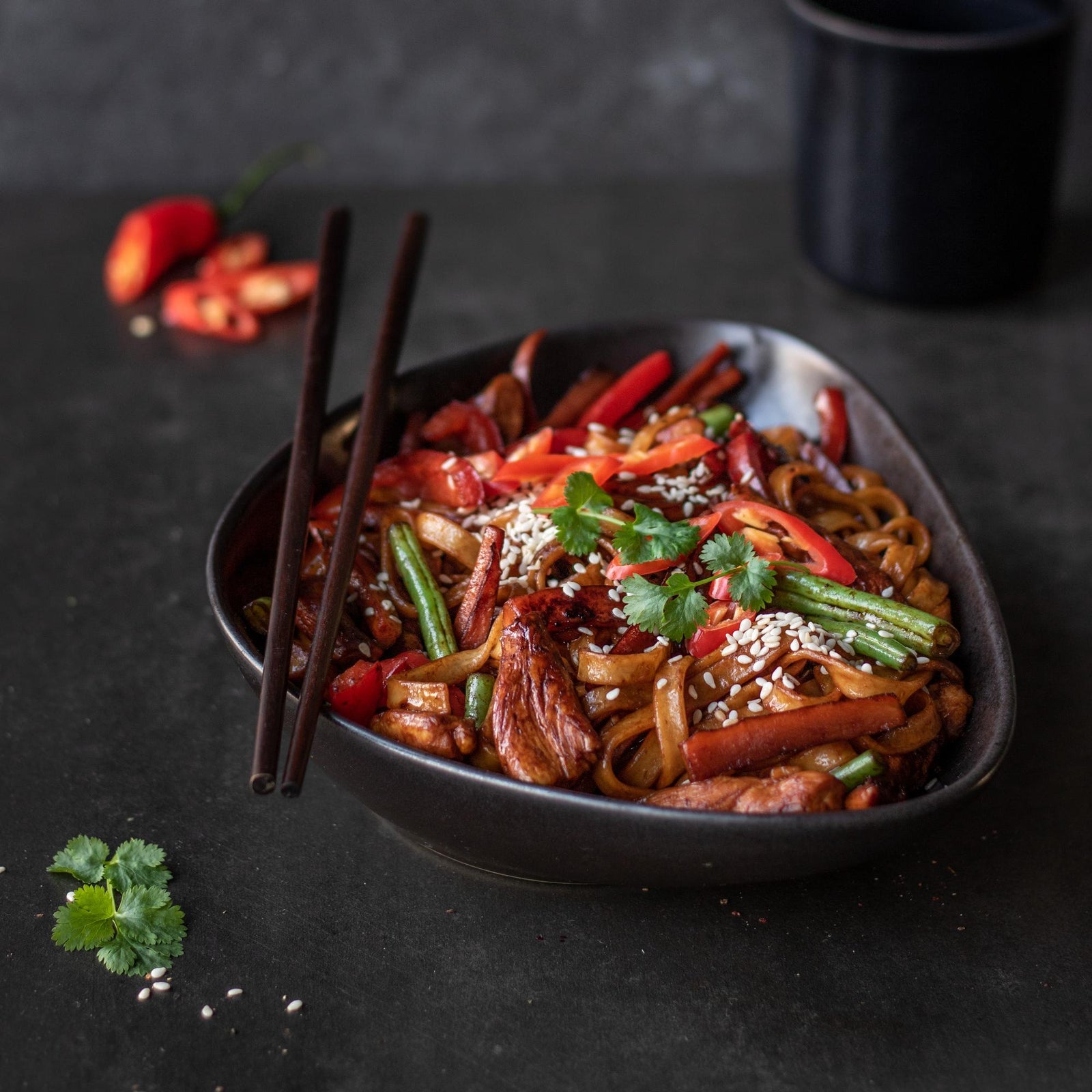 Rijstnoedels met kip