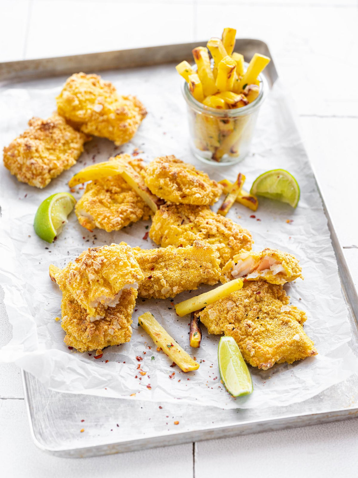 Vissticks van kabeljauw met muntige frietjes