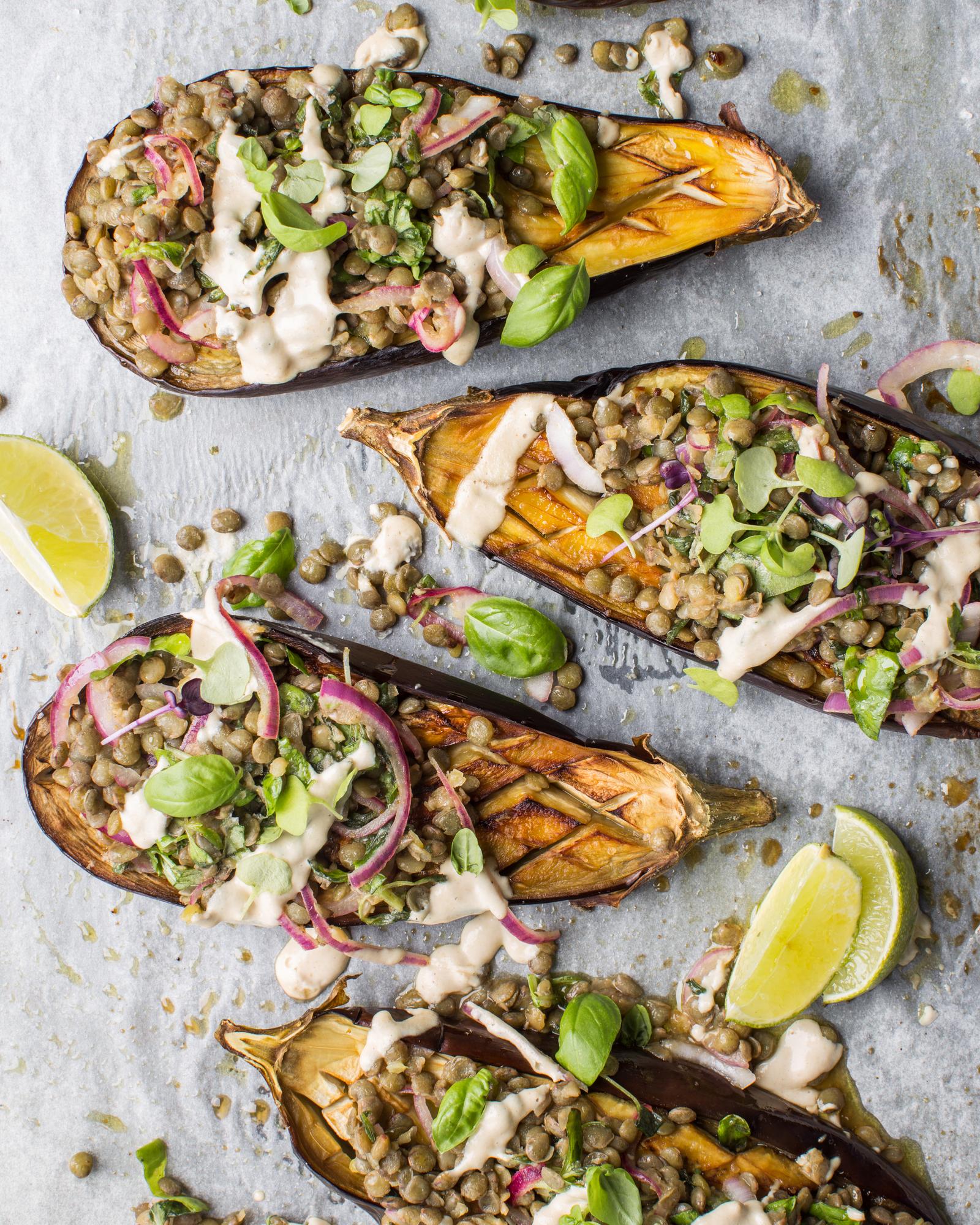 Gebakken aubergine met linzen
