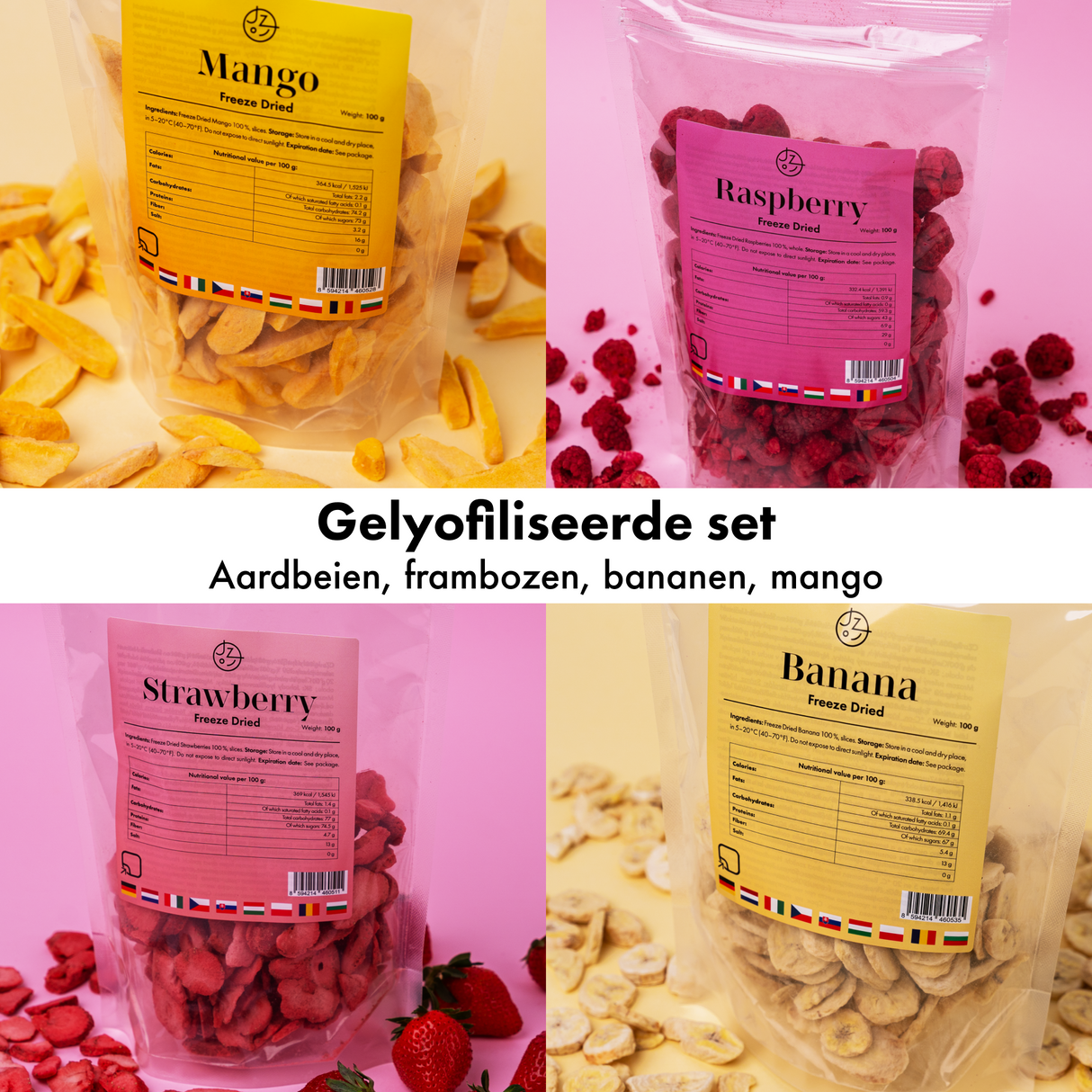 Set van 4 gevriesdroogde vruchten – aardbeien, frambozen, bananen, mango 🍓🍌🥭